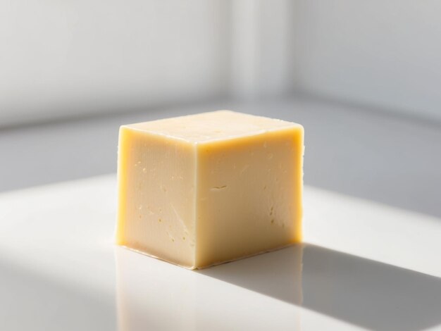 Un bloc de fromage jaune crémeux sur un fond clair