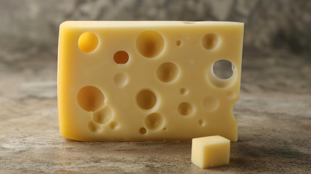 Photo bloc de fromage jaune suisse d'émentalité ou d'émmentaler à trous ronds