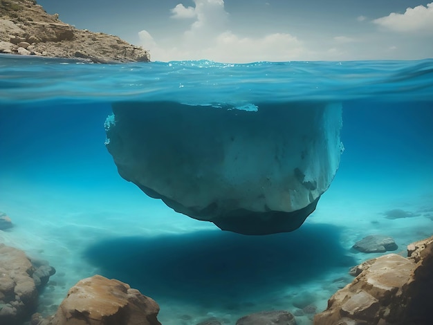 Un bloc de glace sous l'eau claire