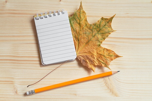 Bloc-notes avec un crayon et des feuilles d'automne sur une vue de dessus de fond en bois clair