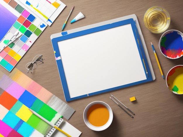 Un bloc-notes avec un écran bleu et une tasse de café sur une table