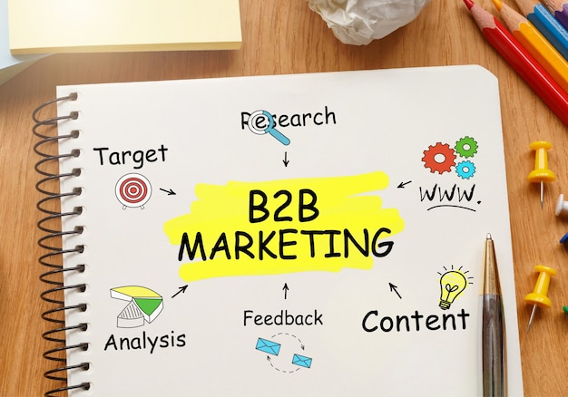 Bloc-notes avec des outils et des notes sur le marketing B2B