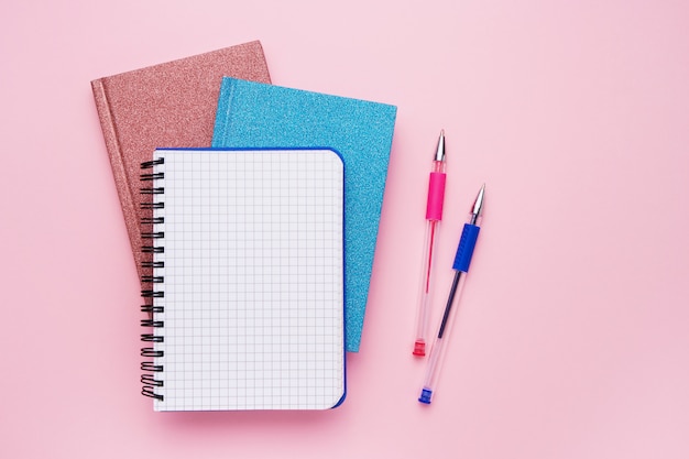 Bloc-notes à Spirale Avec Des Stylos Comme Maquette Pour Votre Dessin En Rose. Retour Au Concept D'école. Espace De Copie, Vue De Dessus.