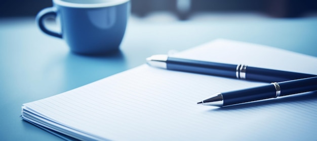 Bloc-notes sur une table avec un stylo avant de rencontrer le concept d'entreprise de ton bleu avec espace de copie