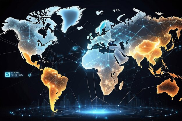 Blockchain technologie futuriste hud arrière-plan avec carte du monde et blockchain réseau pair à pair cryptographie mondiale concept de bannière d'affaires blockchain