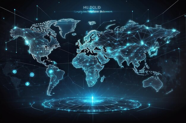 Blockchain technologie futuriste hud arrière-plan avec carte du monde et blockchain réseau pair à pair cryptographie mondiale concept de bannière d'affaires blockchain