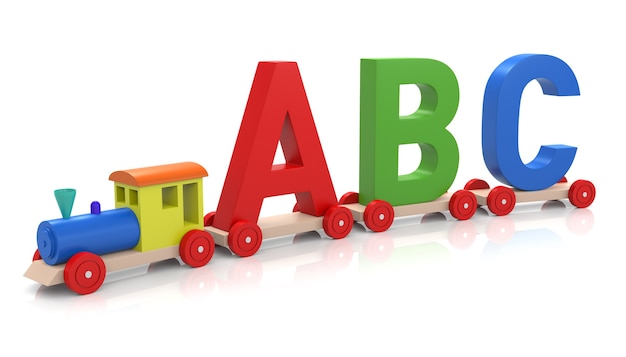 Blocs d'apprentissage de l'alphabet sur petit train isolé sur fond blanc. Rendu 3D