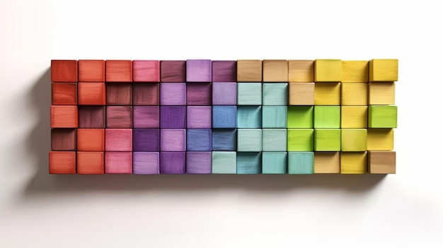 Des blocs de bois colorés alignés dans un spectre arc-en-ciel isolés sur un fond blanc IA générative