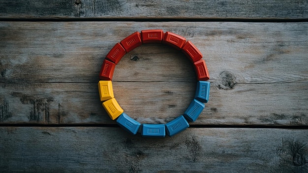 Des blocs de bois colorés formant un cercle sur une surface de bois altérée par les intempéries