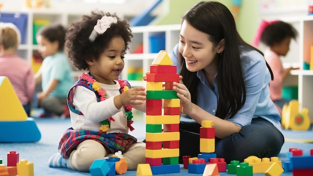 Les blocs de construction de l'enfant avec un enseignant dans la crèche