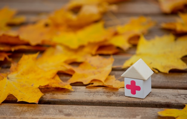 Blocs avec croix rouge médicale à côté de feuilles sur une table en bois