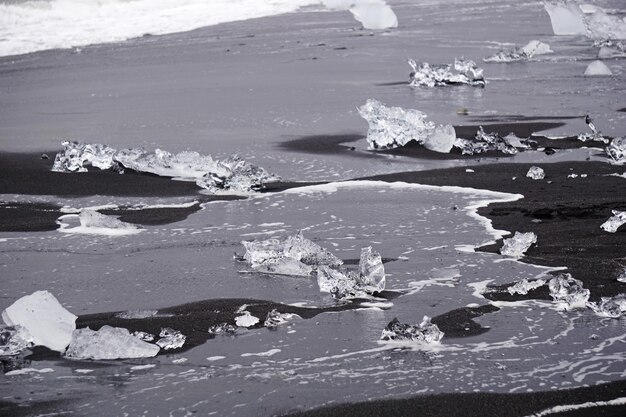 Blocs de glace sur la plage de sable noir Diamond Beach en Islande