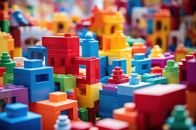 Photo des blocs de jouets en plastique colorés sont disposés sur un fond blanc propre