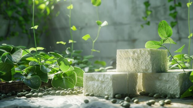 Des blocs de tofu à côté de plantes de soja en 3D