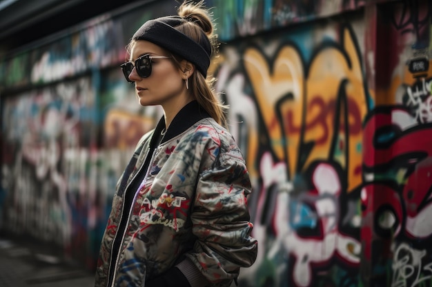 Blogueur de streetwear prenant des photos de tenues contre un mur couvert de graffitis créé avec une IA générative