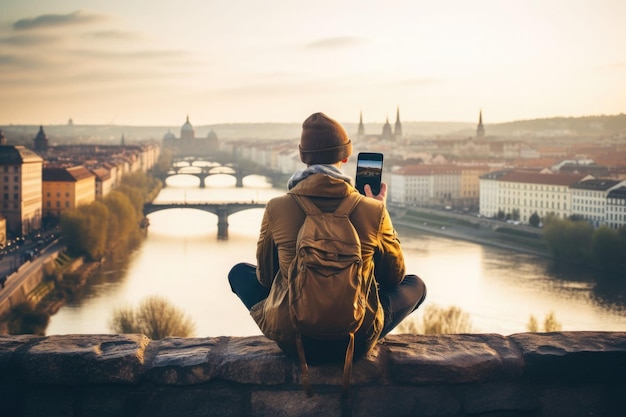 Le blogueur de voyage prend des photos pour les médias sociaux L'envie de voyager Le voyageur masculin en voyage L'IA générative