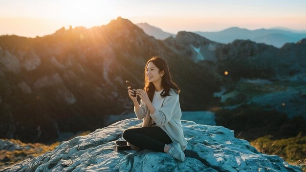 Photo une blogueuse asiatique en train d'enregistrer une vidéo sur le sommet d'une montagne.