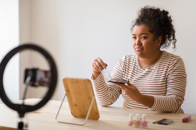 Blogueuse beauté déçue montrant une palette de fards à paupières à la caméra