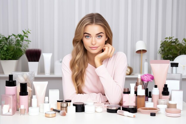 Une blogueuse de beauté présentant des routines de soin de la peau Vanity ou une station de beauté avec des produits cosmétiques