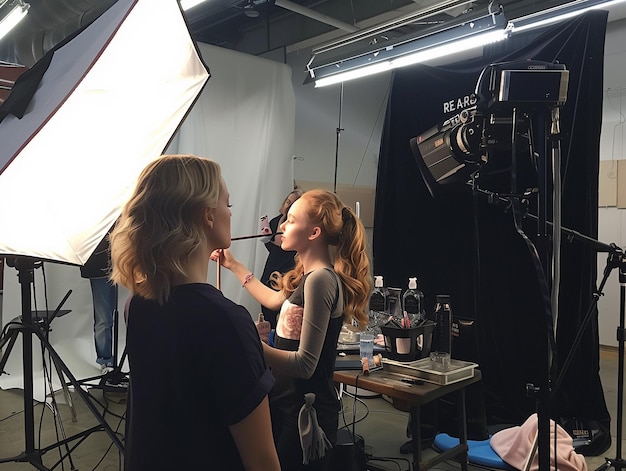 Une blogueuse de mode dans un studio photo.