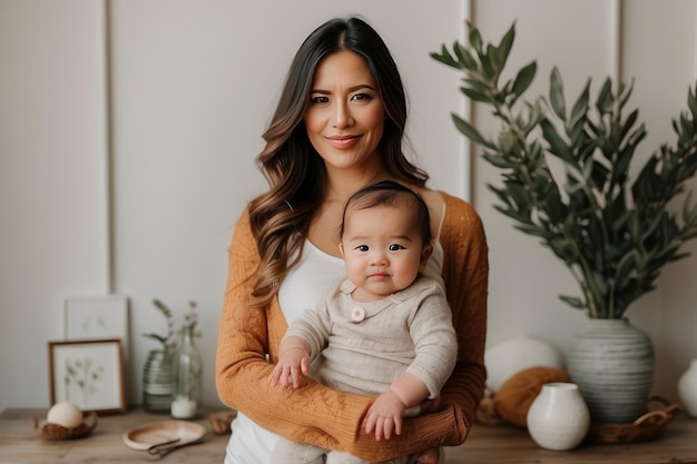 Une blogueuse avec son bébé à la maison, une femme influente de la génération du millénaire créant du contenu pour sa maternité.