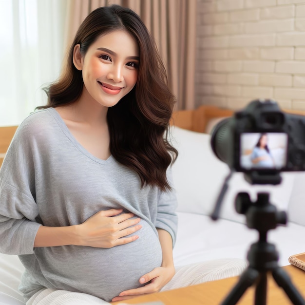 Une blogueuse avec son bébé à la maison, une femme influente de la génération du millénaire créant du contenu pour sa maternité.