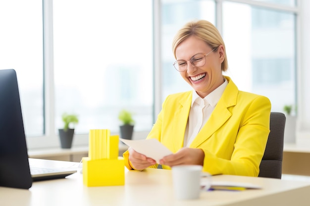 blond, caucasien, femme, porter, formel, à, jaune, veste, sourire, quoique, lecture, a, note, porte, lunettes