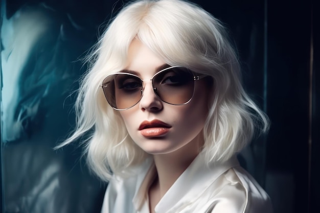 Blonde élégante en robe brillante et lunettes de soleil avec stress visage agrandi d'une belle femme à la mode en perruque blanche art portrait d'une jeune fille de mode glamour de style fantaisie modèle attrayant