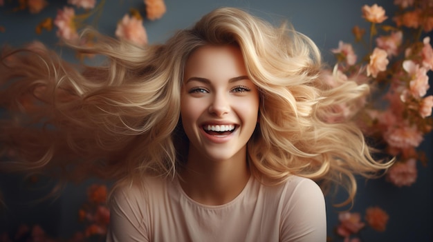 Photo une blonde joyeuse avec des cheveux volants sur un fond bleu.