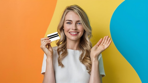 Photo une blonde joyeuse inclinant la tête et souriant montre une carte de crédit en plastique sur la poitrine recommande une banque offe