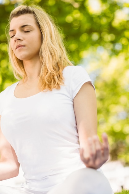 Photo blonde paisible, faire du yoga dans le parc