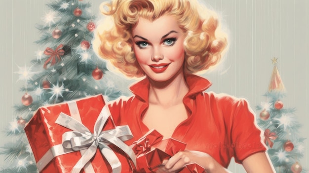 une blonde de style pinup avec un cadeau de Noël