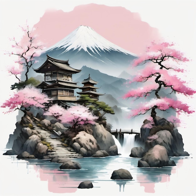 Blossom Tree Waterfall Design japonais traditionnel adapté à l'impression de t-shirts