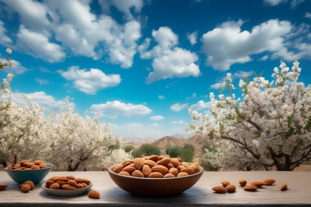 Blossoming Almond Haven Des amandiers luxuriants avec des fleurs et des fruits ornent une table en bois rustique