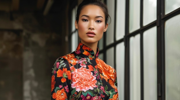 Photo un blouse sur mesure avec un col mandarin et des imprimés floraux audacieux mélangeant des éléments de l'occident