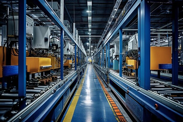 Photo a blue conveyor belt with a yellow line on the floor