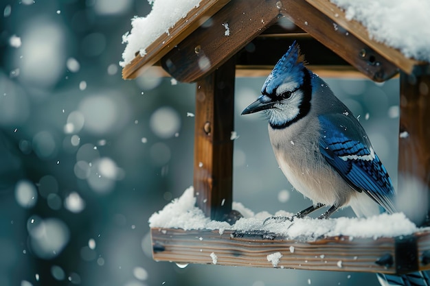 Blue jay sur l'alimentateur neigeux dans la scène d'hiver