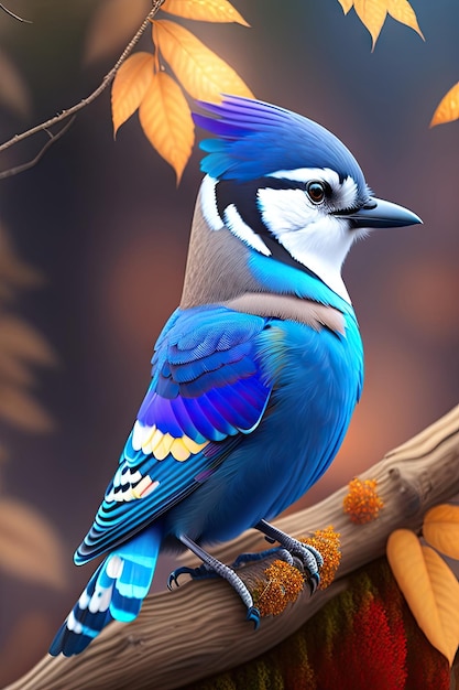 Blue Jay sur une branche dans un parc ou une forêt d'automne Arrière-plan de la faune abstraite illustration 3d