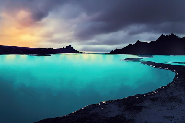 Blue Lagoon Islande peinture d'art numérique vue latérale horizontale skyline