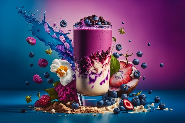 Blueberry Smoothie verre violet détox myrtilles lait d'amande fleur fond AI générative