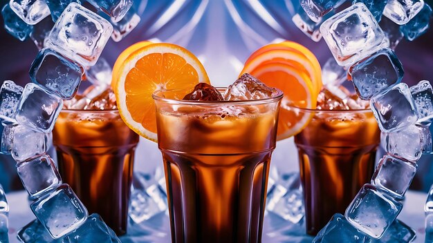 Photo blur background of iced americano with sliced orange in plastic glasses close up