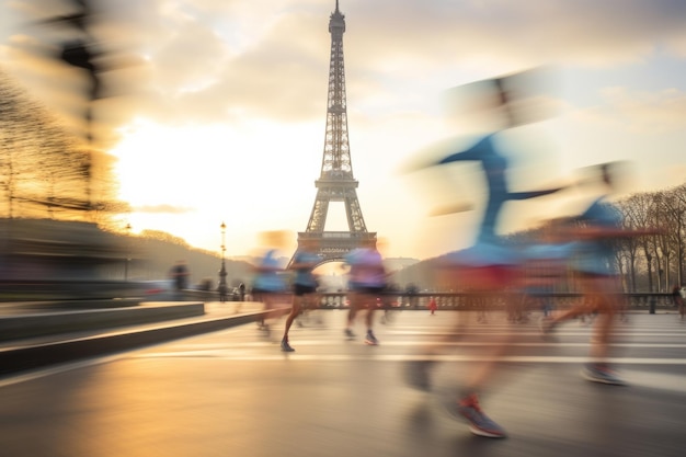 Photo blur de mouvement des athlètes alors qu'ils passent devant la tour eiffel à paris, en france, lors d'une course sportive