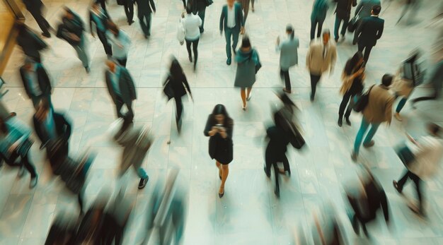 Blur de mouvement occupé et gens d'affaires en ville pour se rendre au travail à pied à l'heure de pointe à la vitesse de voyage du métro