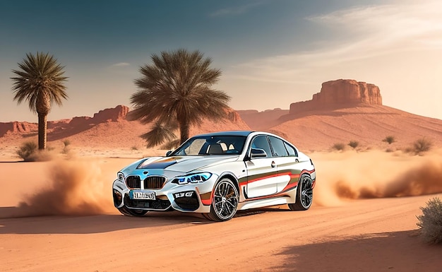 Une BMW blanche roule dans le désert