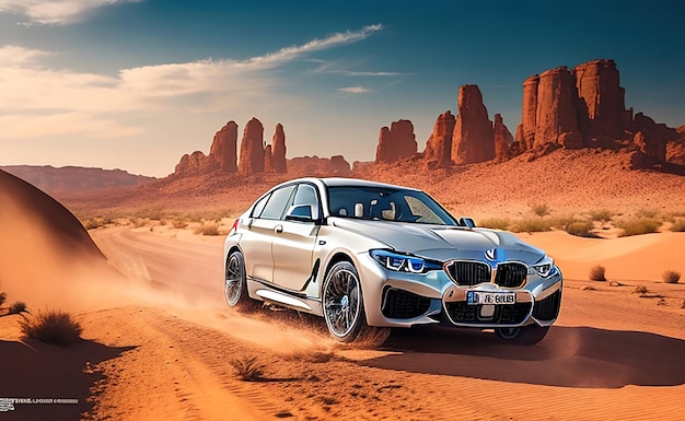 Une BMW blanche roule dans le désert