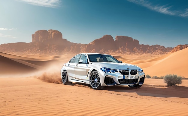 Une BMW blanche roule dans le désert