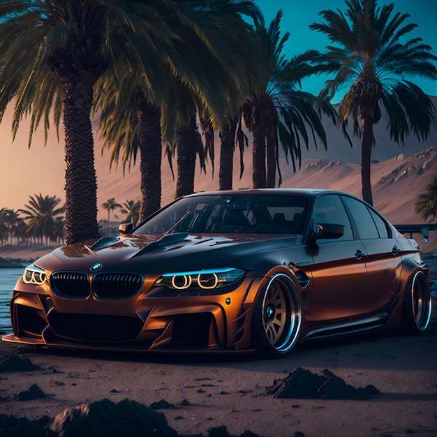 Une BMW est garée sur la plage devant des palmiers