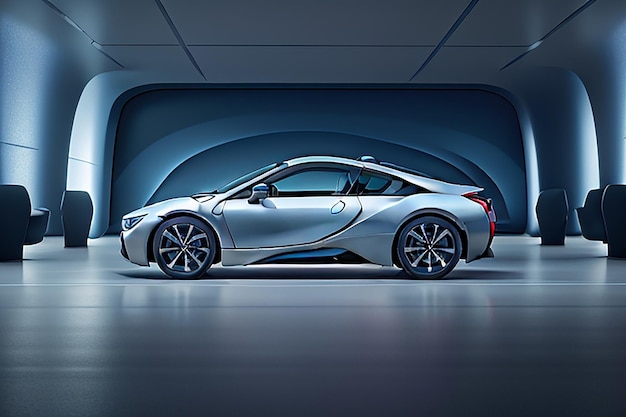 Une BMW i8 de luxe et argentée sous les lumières dans le showroom du Salon international de l'automobile d'Istanbul, en Turquie