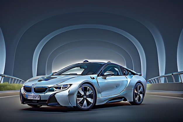 Une BMW i8 de luxe et argentée sous les lumières dans le showroom du Salon international de l'automobile d'Istanbul, en Turquie