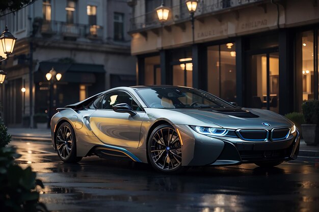 Une BMW i8 de luxe et argentée sous les lumières dans le showroom du Salon international de l'automobile d'Istanbul, en Turquie